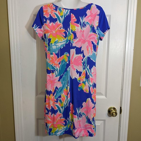 Lilly Pulitzer Blue & Pink Abstract Floral 100% Cotton Short Sleeve Dress - M - Picture 4 of 9